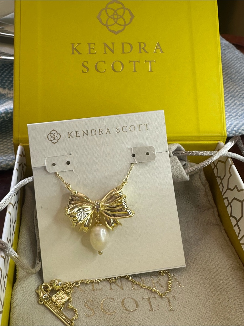 NEW Kendra Scott‎ x Love Shack Fancy Gold Sparkle Bow Pearl Drop Necklace